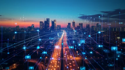 Foto op Aluminium A city at twilight, illuminated by an interconnected 5G network © tiagozr