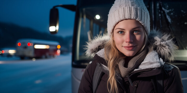 young Arctic tour guide woman at the north with her bus smiling