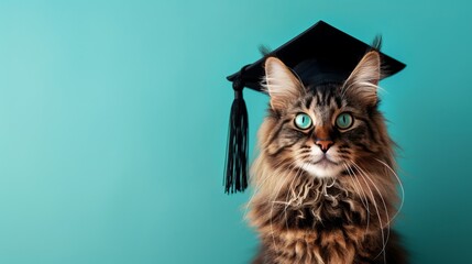 Cute fluffy cat wearing graduation cap on pastel background with space for text placement