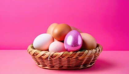 Fototapeta na wymiar Happy Easter.Colorful eggs in a wicker basket on a in a pink background cozy home atmosphere
