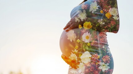 Pregnant woman with a double exposure of flowers and sunlight.