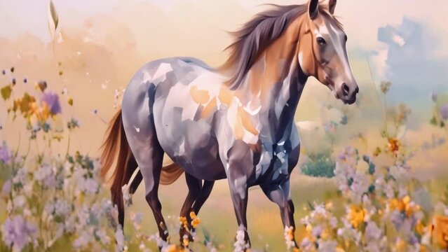 horse in a field of flowers, aquarelle style
