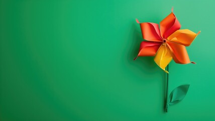 Bright red and yellow paper pinwheel against a vivid green background