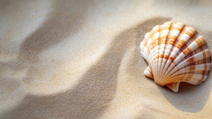 Fototapeta na wymiar A single seashell on a sandy beach with shadows creating a tranquil scene