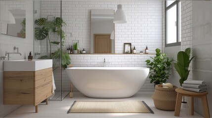 Fototapeta na wymiar Bathroom Scandi interior with natural elements and modern design.