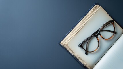 Book with eyeglasses on a dark blue background