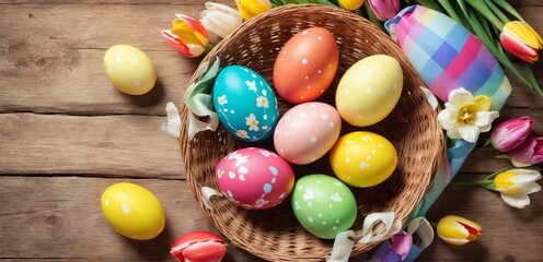 Fototapeta na wymiar Colorful Easter Egg Basket Filled with Chocolate Eggs, a Festive Holiday Tradition Symbolizing Spring Celebrations