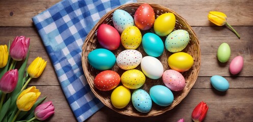 Fototapeta na wymiar Basket filled with colorful Easter eggs, a sweet holiday tradition