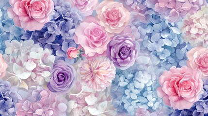  a bunch of pink and purple flowers on a blue and pink background with white and pink flowers on the left side of the picture.