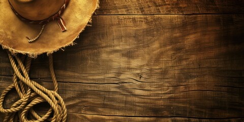 Cowboy Hat and Rope on Wooden Surface - obrazy, fototapety, plakaty