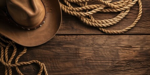 Cowboy Hat and Rope on Wooden Table - obrazy, fototapety, plakaty