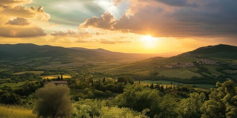 Sun Setting Over Hills and Valleys