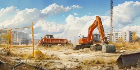 Painting of Construction Site With Dump Trucks