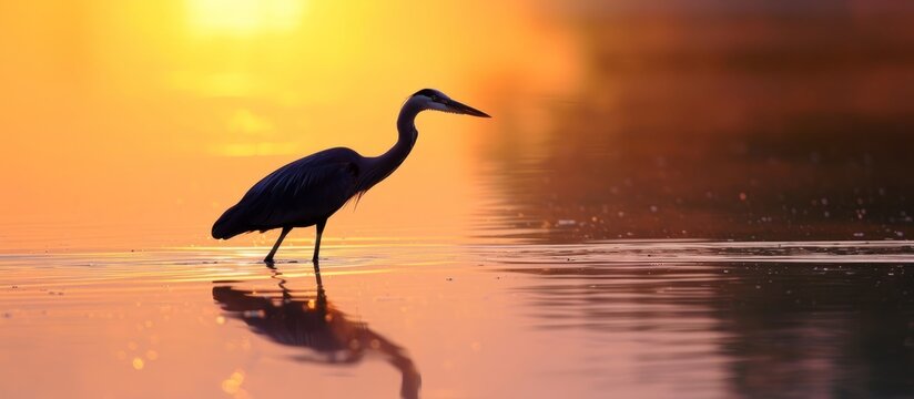 Heron wades at sunrise in the water.