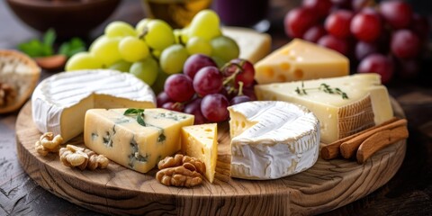 Wooden Plate With Assorted Cheeses and Grapes