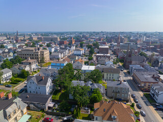 Fototapeta na wymiar Historic residential houses aerial view on Rock Street in Fall River downtown, Massachusetts MA, USA. 
