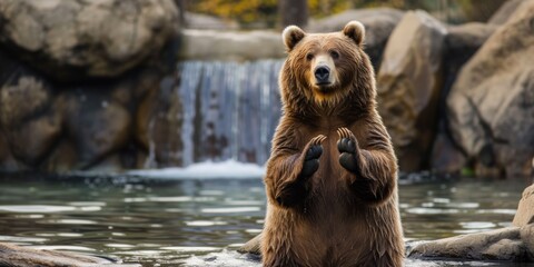 Brown Bear Standing on Hind Legs in Water