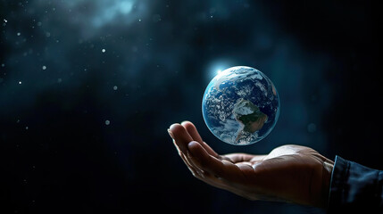 Model of planet Earth levitates above a man's hand against a dark space background. Generated AI