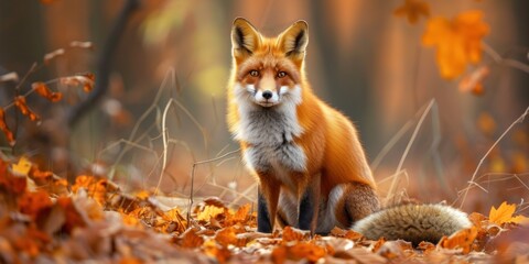Majestic Red Fox Perched on Leaf Pile