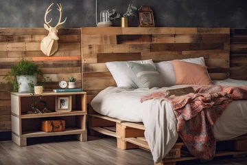 Deurstickers Pallet nightstand, bed, and OSB wall art in a bedroom © Vusal