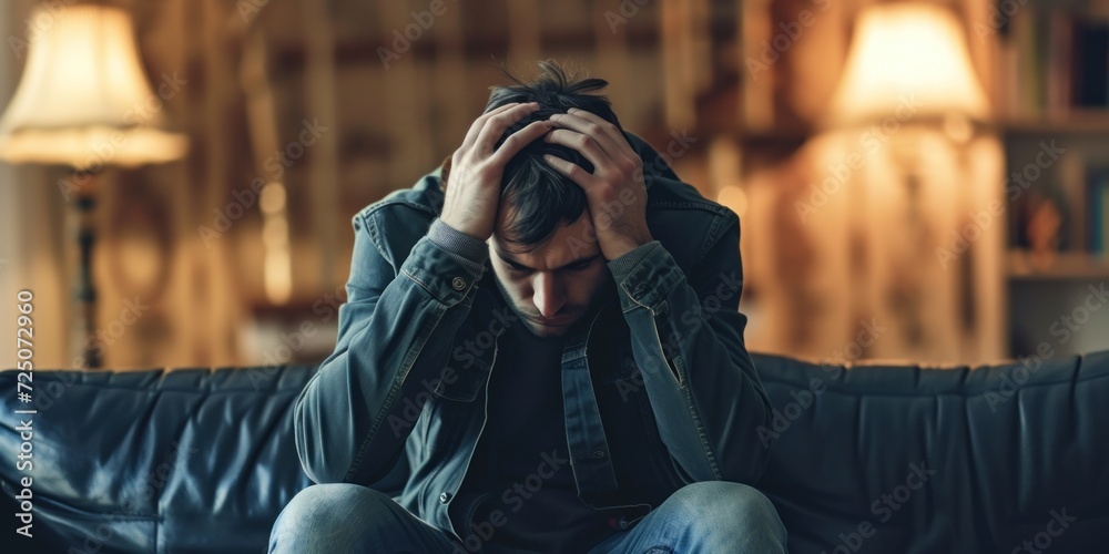 Wall mural stressed man sitting on a couch