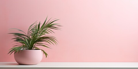 A table with a plant and a pink wall background used for design and product display.