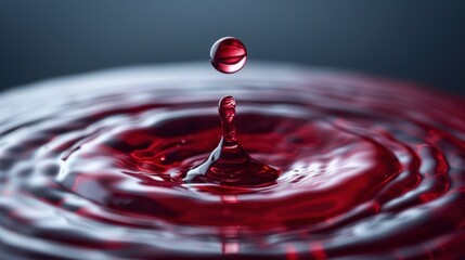  a drop of red liquid floating on top of a black and white liquid filled with a drop of red liquid.