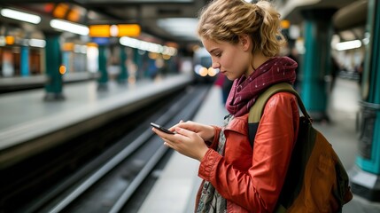 Woman on subway platform, using phone, seeking info while waiting for train, staying connected.
