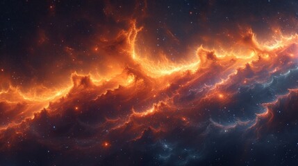 Fototapeta premium a computer generated image of a bright orange and blue space filled with stars and dust, with a black background.