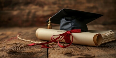 Graduation Cap and Diploma on Wooden Table