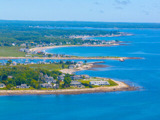 Lockes Neck and Rye Harbor aerial view in summer with Ocean Boulevard in town of Rye, New Hampshire...