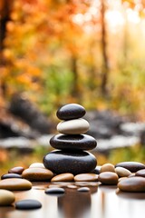 Fototapeta na wymiar stack of zen stones in an autumn forest, Fall Wellness, relaxation, meditation