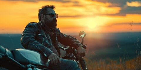 Bearded Man on Motorcycle - obrazy, fototapety, plakaty