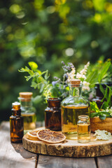 Concept of pure organic essential oil in glass bottles in cosmetology. Moisturising skin care, aromatherapy. Gentle body treatment. Atmosphere of harmony, relax. Wooden background, natural ingredients