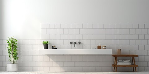 Realistic of a bathroom or kitchen with white tile walls, floors, and square mosaic surface. - obrazy, fototapety, plakaty