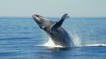 Fototapeta premium Humpback whale breaching with ocean spray, dynamic wildlife scene. 