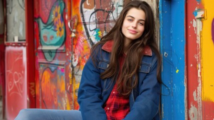 Cheerful young woman posing with vibrant graffiti
