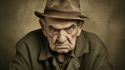 Portrait of a grumpy senior man wearing a hat with a stern expression - obrazy, fototapety, plakaty