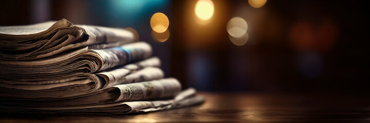 Pile of newspapers on wooden table with defocused lights in background