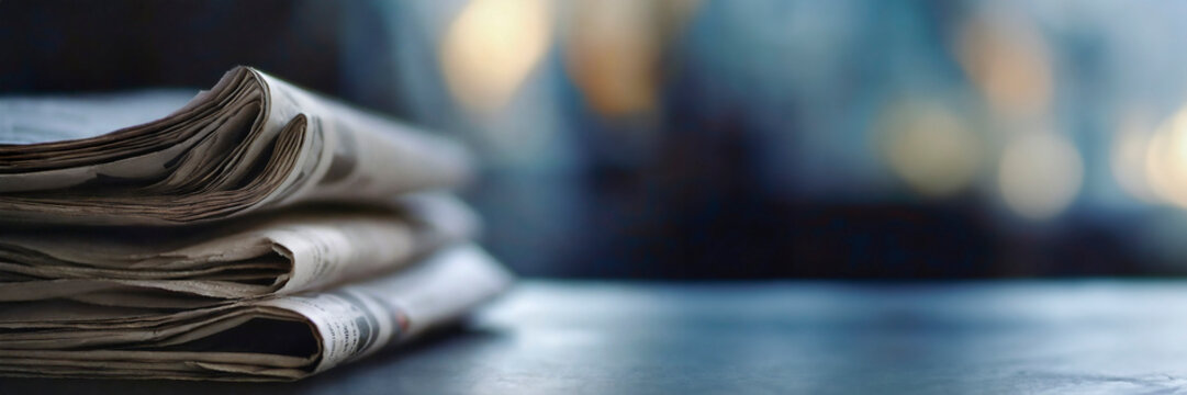Stack of newspapers on the table in the morning light. Selective focus. Media news concept