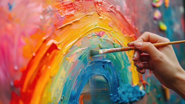Hand of an artist painting a vibrant, colorful canvas