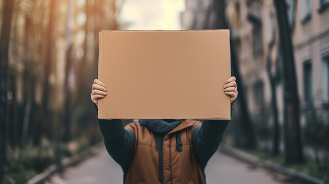 Unidentifiable person holding a blank cardboard sign outdoors