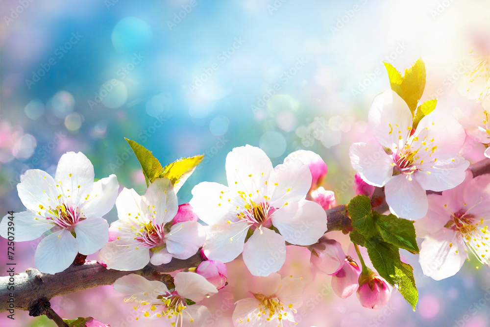 Sticker Spring blossom background. Beautiful nature scene with blooming tree.