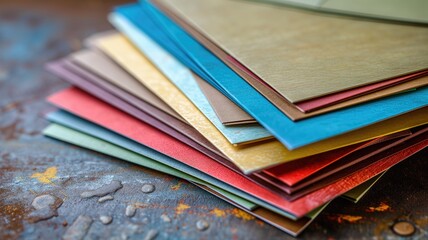 Assorted colorful paper samples arranged on a textured surface