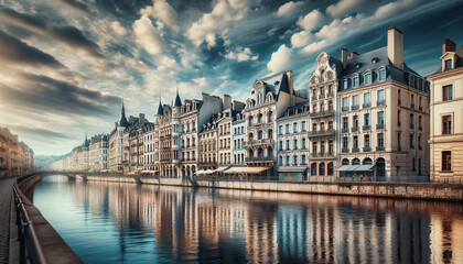 skyline of a small town in belgium from the river - obrazy, fototapety, plakaty