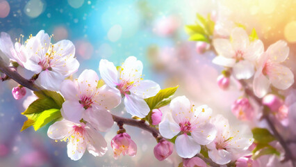 Fototapeta premium Spring blossom background. Beautiful nature scene with blooming tree.