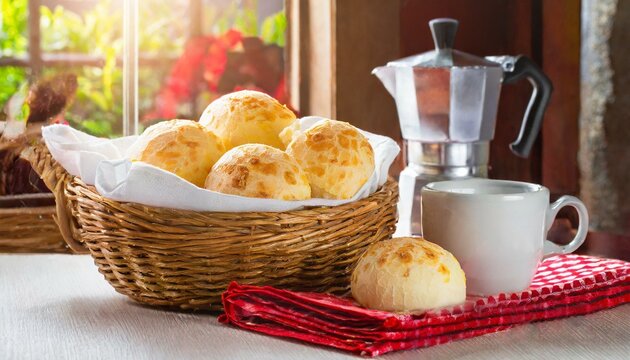 P&atilde;o de queijo. Comida Brasileira. Um cesto com p&atilde;es de queijo. Bule de caf&eacute; met&aacute;lico na composi&ccedil;&atilde;o.