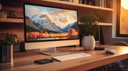 Modern workspace with computer displaying a scenic mountain view