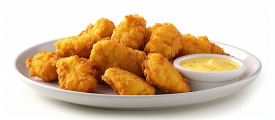 Chicken nuggets with two dressings on a plate, isolated on a white background.