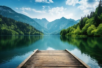 Breathtaking view from wooden dock of serene lake nestled amidst vibrant greenery and towering mountains. - obrazy, fototapety, plakaty